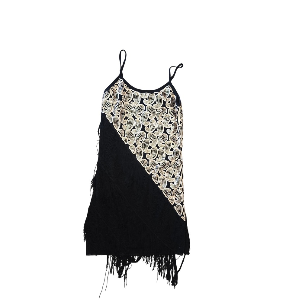 Black Gold Sequin Paisley Fringe Flapper Dress Gatsby Party Mini Dress